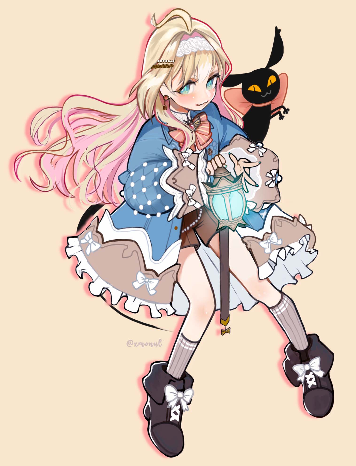 1girl :3 ahoge aqua_eyes aqua_nails blonde_hair blue_coat blush coat earrings full_body hair_ornament hairband hairclip highres holding holding_lantern jewelry lace_hairband lantern long_hair looking_at_viewer lucie_(millie_parfait) millie_parfait millie_parfait_(4th_costume) nijisanji nijisanji_en shorts twitter_username white_hairband xmonut