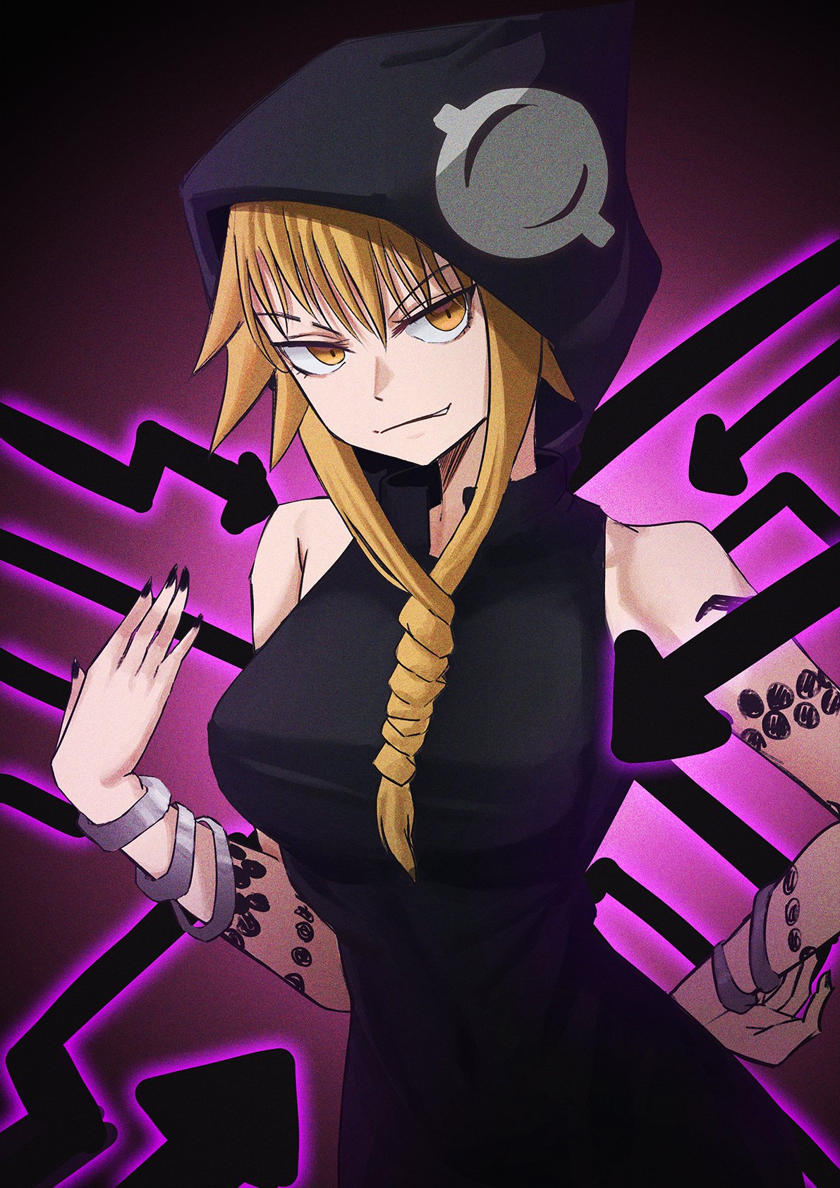 1girl arm_tattoo armlet arrow_(projectile) arrow_(symbol) black_hoodie black_nails blonde_hair bracelet breasts choister highres hood hoodie jewelry medium_breasts medusa_gorgon multiple_bracelets sleeveless sleeveless_hoodie slit_pupils smug snake_tattoo solo soul_eater tattoo twisted_hair umbrakinesis yellow_eyes