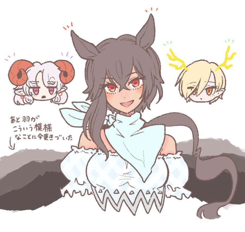 3girls :d animal_ears antlers bandana black_hair black_wings blonde_hair blue_bandana blue_dress blush breasts closed_mouth commentary_request cropped_torso curly_hair dragon_girl dragon_horns dress earrings eye_print grey_wings head_tilt horn_ornament horn_ribbon horns horse_ears jewelry kicchou_yachie kurokoma_saki long_hair medium_breasts multiple_girls off-shoulder_dress off_shoulder open_mouth pegasus_wings plaid plaid_dress pointy_ears puffy_short_sleeves puffy_sleeves rectangular_pupils red_eyes red_horns ribbon sheep_horns shokabatsuki short_hair short_sleeves simple_background smile tan touhou toutetsu_yuuma translation_request white_background white_hair wings yellow_horns