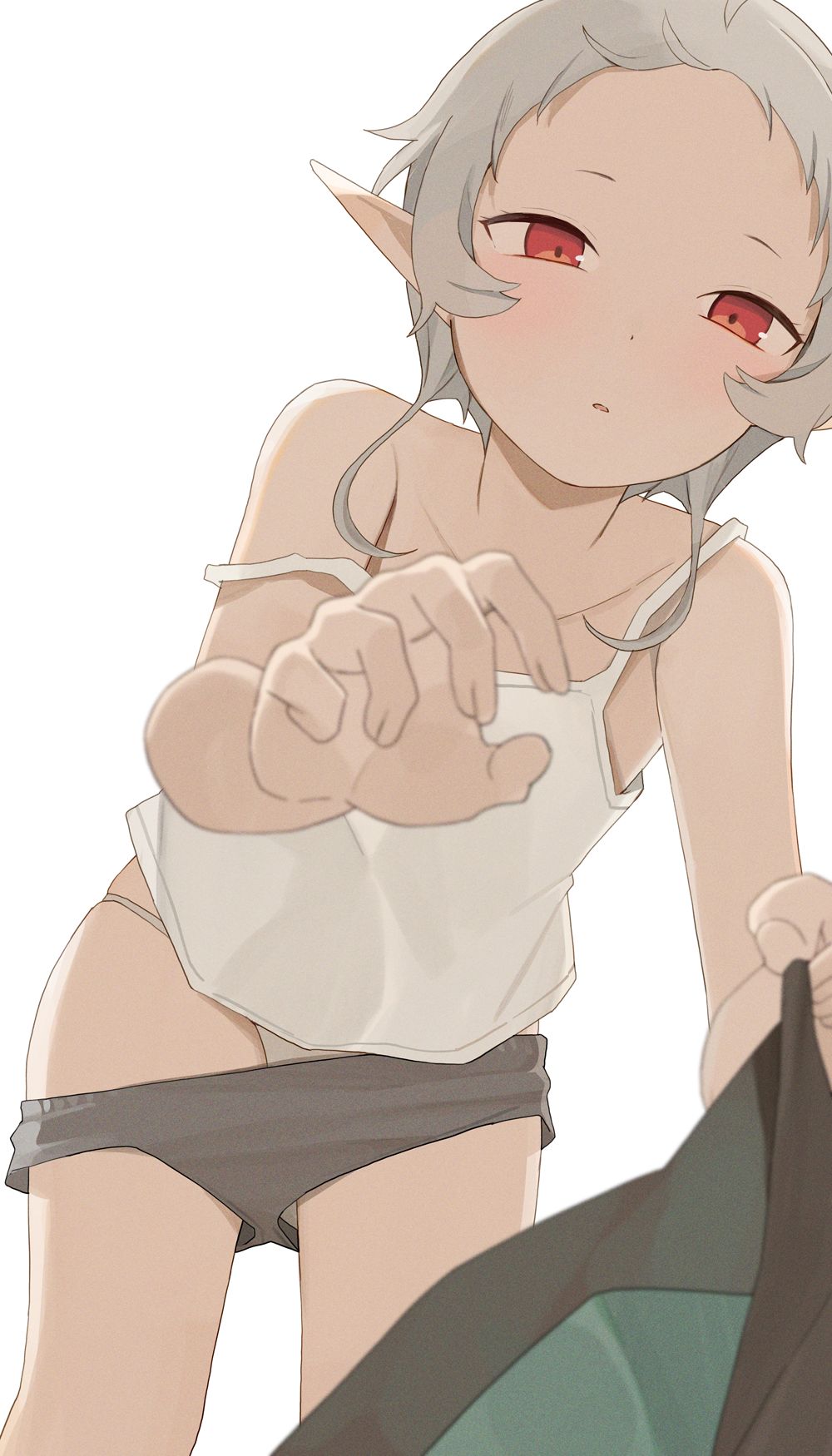 1girl black_shorts camisole clothes_pull fingernails highres hiroki_(yyqw7151) looking_at_viewer looking_back mushoku_tensei panties pointy_ears red_eyes short_hair shorts shorts_pull simple_background solo sylphiette_(mushoku_tensei) thighs underwear white_background white_camisole white_hair white_panties