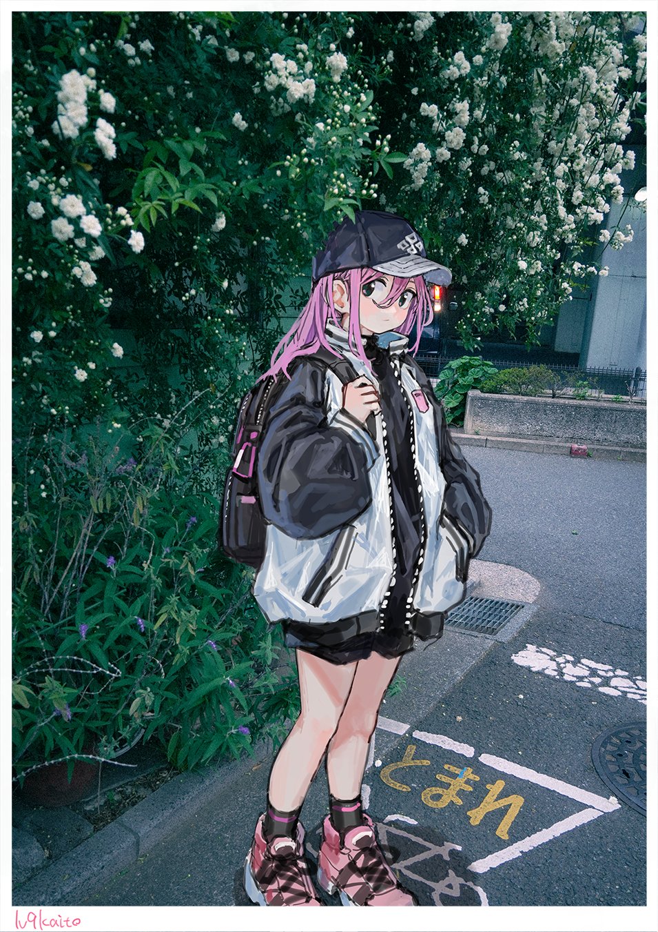 1girl backpack bag baseball_cap black_eyes black_hat black_jacket border bush collared_jacket day fence flower full_body grass hair_between_eyes hand_in_pocket hat highres jacket knees_together_feet_apart letterman_jacket level9kaito long_hair looking_at_viewer multicolored_clothes multicolored_jacket open_hand original outdoors photo_background pink_footwear pink_hair plant road shadow shoes sidelocks sneakers solo street two-tone_jacket white_border white_flower white_jacket zipper