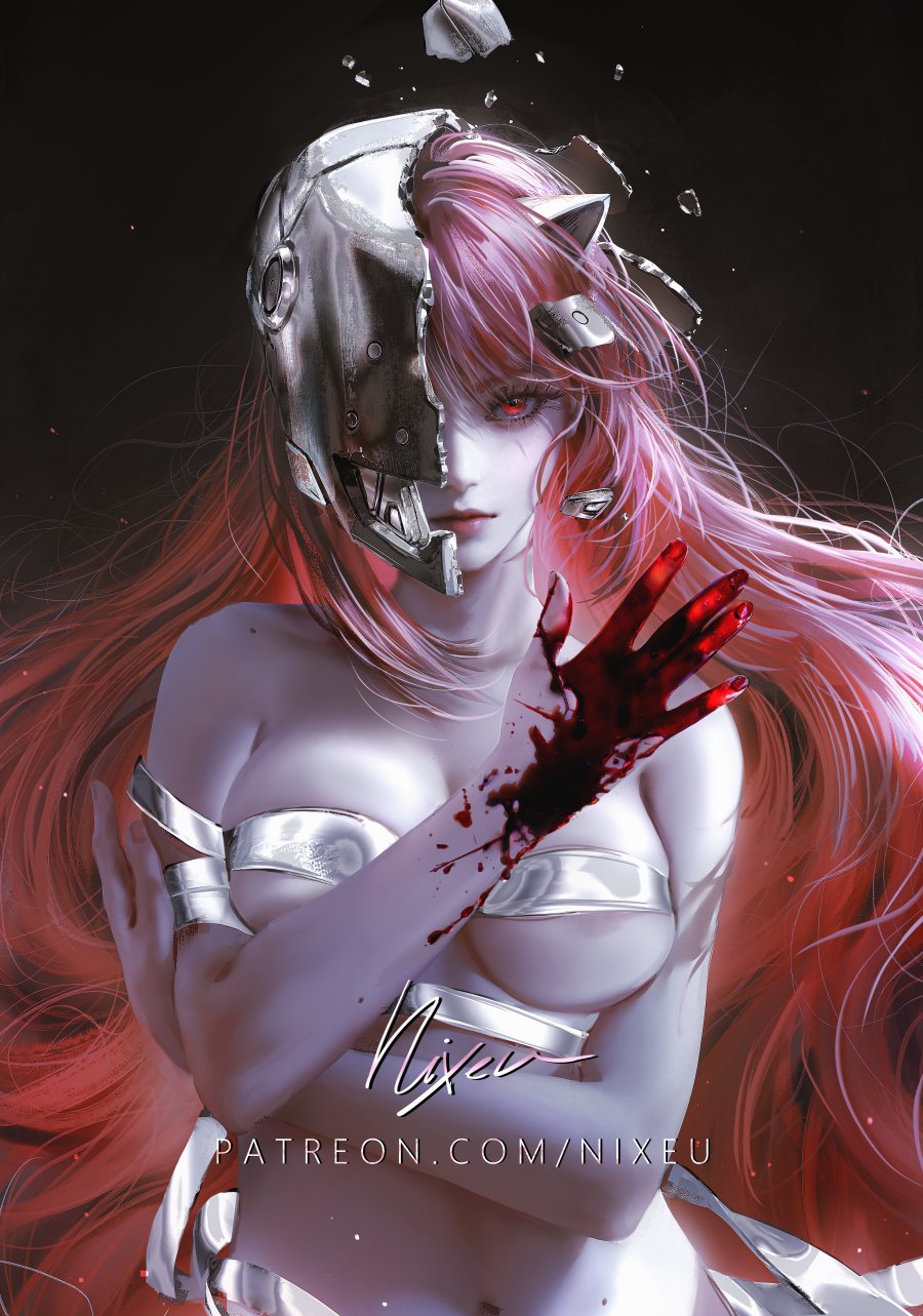 1girl arm_under_breasts bandages black_background blood blood_on_hands broken_mask closed_mouth elfen_lied extra_ears half_mask hand_up highres long_hair looking_at_viewer loose_bandages lucy_(elfen_lied) mask midriff navel nixeu patreon_username pink_hair pink_lips pointy_ears red_eyes serious signature solo topless upper_body very_long_hair