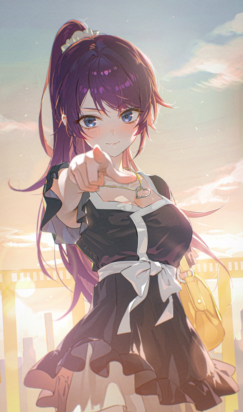 1girl bag bakemonogatari black_dress blue_eyes blush breasts cleavage closed_mouth cloud dress english_commentary foreshortening frilled_dress frills hair_ornament hair_scrunchie handbag heart heart_necklace high_ponytail highres jewelry large_breasts long_hair looking_at_viewer monogatari_(series) necklace outdoors outstretched_arm parted_bangs pointing pointing_at_viewer purple_hair scrunchie senjougahara_hitagi short_sleeves sky smile solo tokkyu white_scrunchie