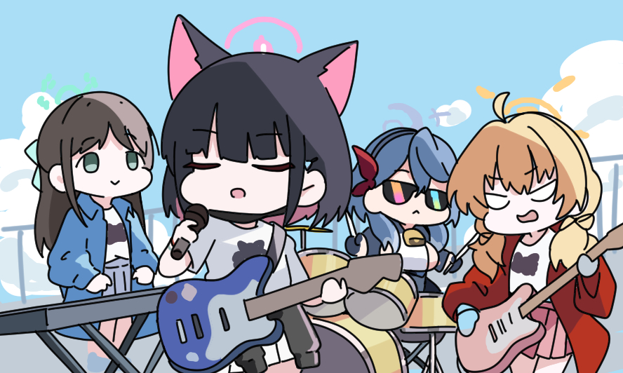 4girls :&gt; airi_(band)_(blue_archive) airi_(blue_archive) ako_(blue_archive) bell black_hair black_jacket blonde_hair blue_archive blue_hair blue_jacket blue_sky breasts brown_hair chibi closed_eyes closed_mouth clothes_around_waist cloud commentary_request drum drum_set drumsticks electric_guitar green_eyes grey_shirt grey_skirt guitar hair_over_shoulder halo holding holding_instrument holding_microphone instrument jacket jacket_around_waist kazusa_(band)_(blue_archive) kazusa_(blue_archive) keyboard_(instrument) large_breasts long_hair long_sleeves low_twintails microphone multiple_girls neck_bell nyaru_(nyaru_4126) open_clothes open_jacket open_mouth pink_skirt pleated_skirt puffy_long_sleeves puffy_sleeves red_jacket shirt short_sleeves sideboob skirt sky sunglasses twintails very_long_hair white_shirt white_skirt yoshimi_(band)_(blue_archive) yoshimi_(blue_archive)