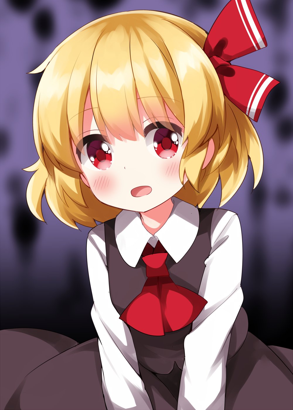 1girl ascot black_skirt black_vest blonde_hair blush collared_shirt commentary_request hair_ribbon highres long_sleeves open_mouth red_ascot red_eyes red_hair red_ribbon ribbon rumia ruu_(tksymkw) shirt short_hair skirt solo touhou vest white_shirt