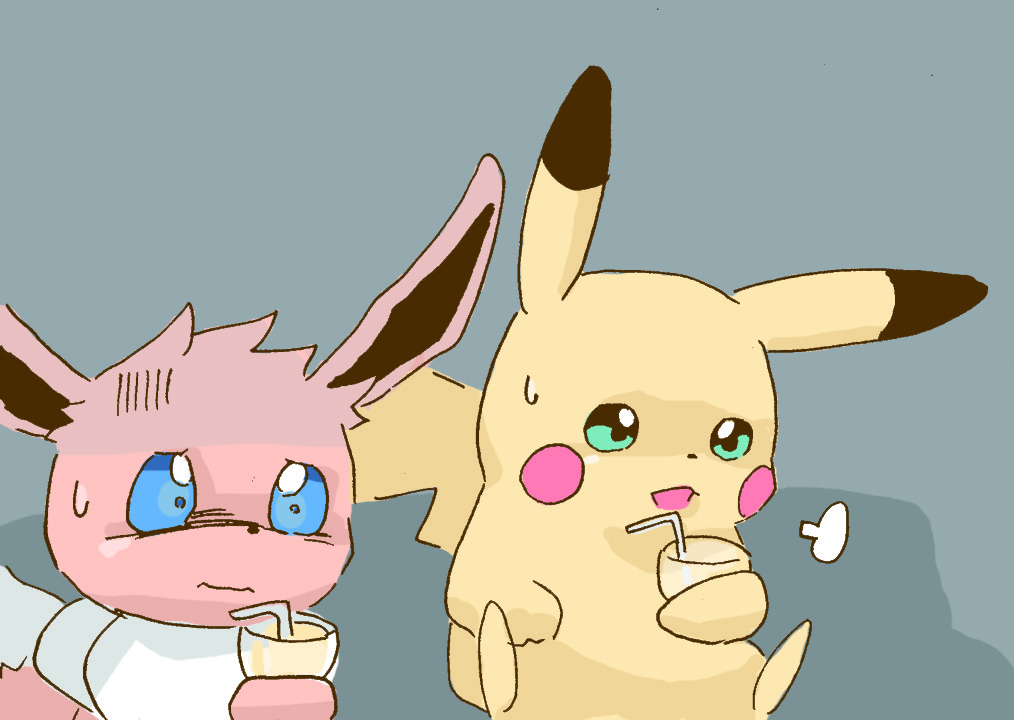 2019 ambiguous_gender blue_eyes bodily_fluids breath brown_body brown_fur container cup drinking_glass drinking_straw duo eevee front_view fur generation_1_pokemon get_it_go glass glass_container glass_cup holding_glass holding_object neck_tuft nintendo open_mouth pikachu pokemon pokemon_(species) red_cheeks scared sitting sweat sweatdrop tuft wine_glass yellow_body