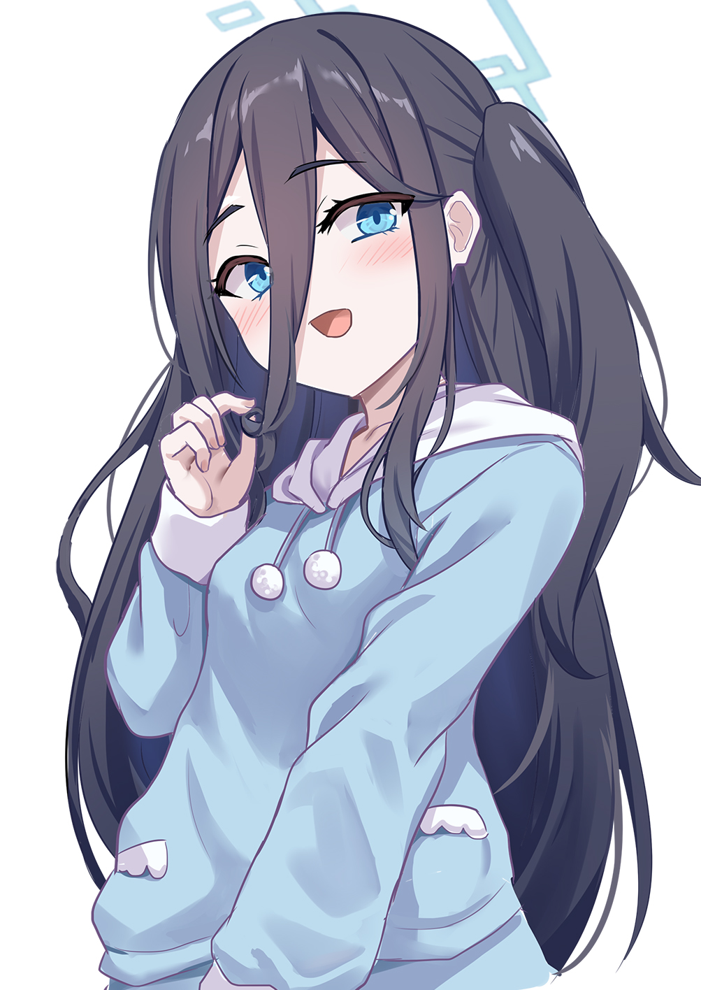 1girl :d aris_(blue_archive) black_hair blue_archive blue_eyes blue_pajamas blue_pants blue_shirt blush breasts commentary_request hair_between_eyes halo highres holding holding_hair hood hood_down hoodie long_hair long_hair_between_eyes long_sleeves looking_at_viewer milkshakework open_mouth pajamas pants shirt sidelocks simple_background sleeves_past_wrists small_breasts smile solo upper_body very_long_hair white_background