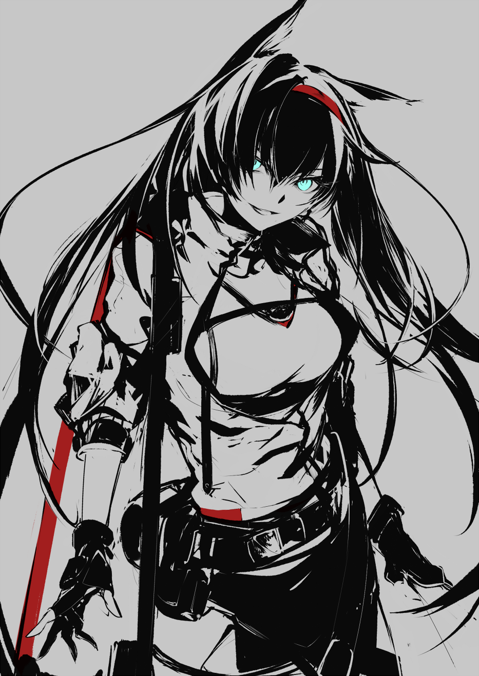 1girl animal_ears arknights belt blaze_(arknights) blue_eyes breasts commentary cowboy_shot gloves grey_background greyscale grin hair_between_eyes hair_over_one_eye hairband highres long_bangs long_hair looking_at_viewer medium_breasts monochrome partially_fingerless_gloves red_hairband short_sleeves simple_background skirt smile solo spot_color tugmix