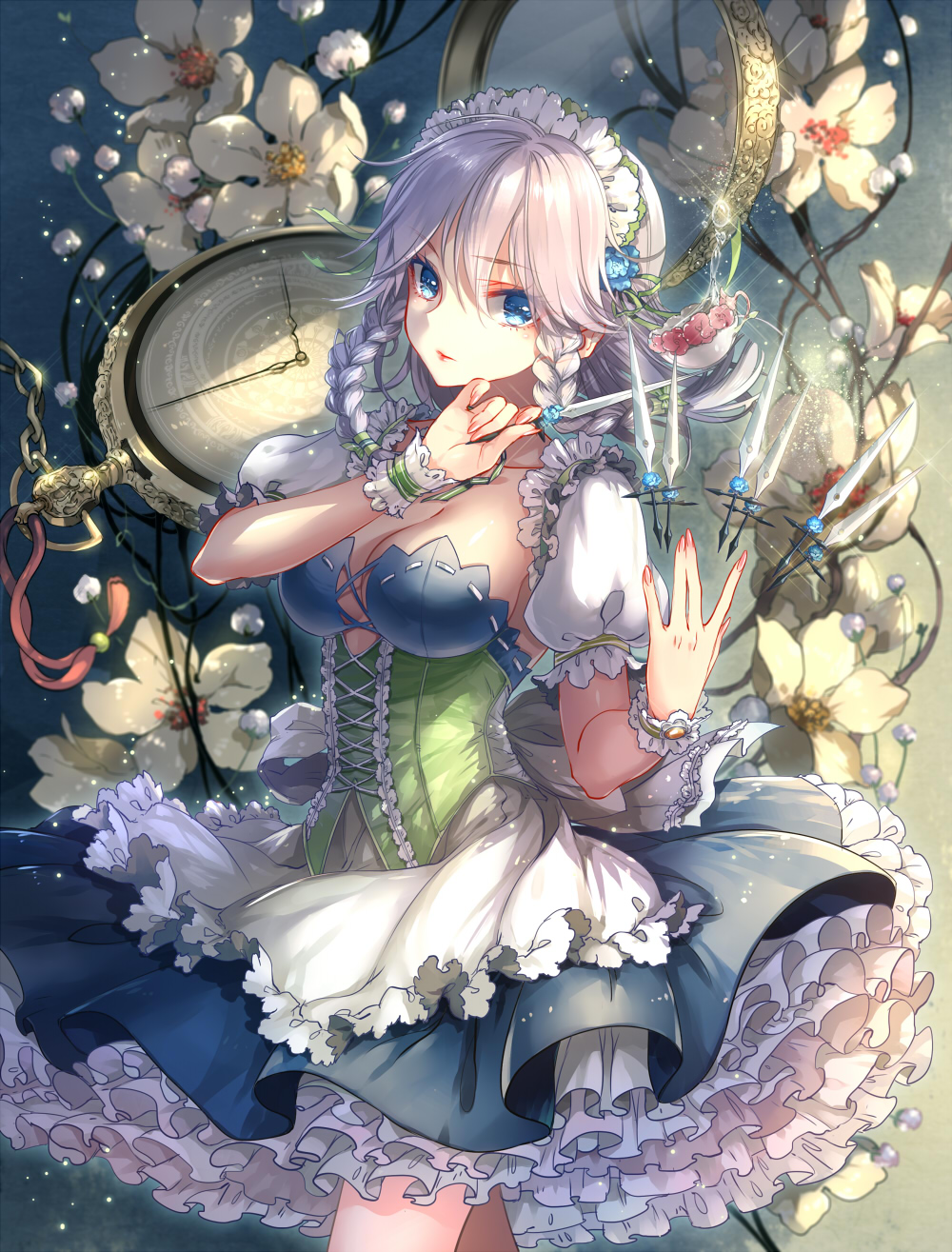 adapted_costume apron blue_eyes braid breasts cleavage corset detached_sleeves flower frills highres izayoi_sakuya kieta knife large_breasts looking_at_viewer maid maid_headdress petticoat pocket_watch short_hair silver_hair skirt solo throwing_knife touhou twin_braids waist_apron watch weapon