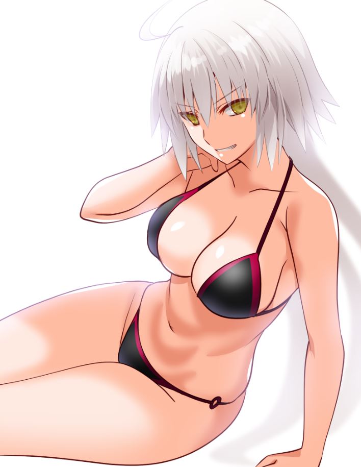 1girl ahoge bare_shoulders bikini black_bikini breasts cleavage collarbone engo_(aquawatery) fate/grand_order fate_(series) grey_hair grin jeanne_d'arc_alter_(fate) jeanne_d'arc_alter_(swimsuit_berserker)_(fate) large_breasts long_hair looking_at_viewer navel o-ring o-ring_bikini smile solo swimsuit thighs very_long_hair yellow_eyes