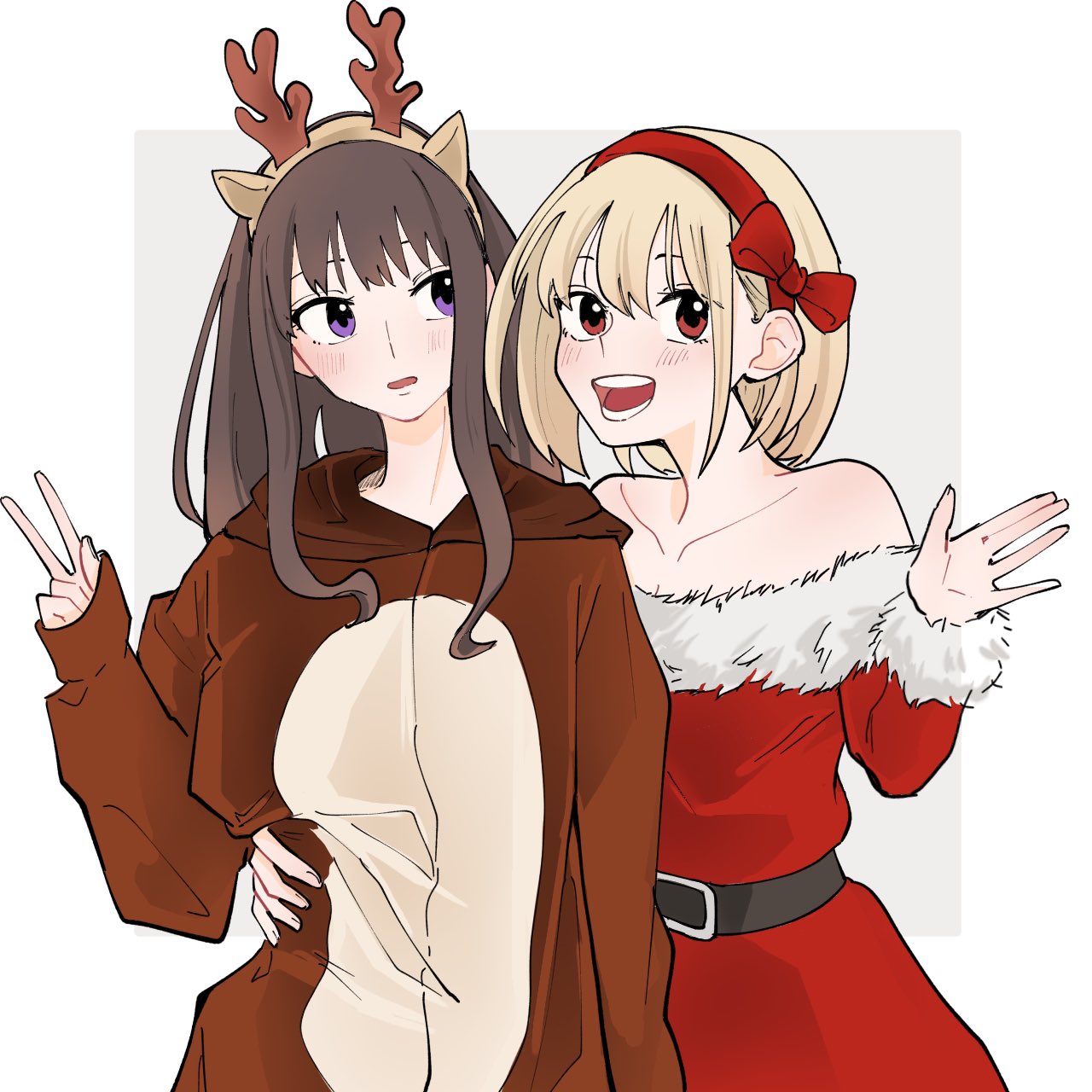 2girls animal_costume antlers bare_shoulders belt blonde_hair blush bow_hairband brown_hair commentary_request dress grey_background hairband hand_on_another's_waist hand_up highres horns inoue_takina long_hair long_sleeves looking_at_viewer lycoris_recoil medium_hair multiple_girls nishikigi_chisato off-shoulder_dress off_shoulder open_mouth parted_lips purple_eyes red_dress red_eyes red_hairband reindeer_antlers reindeer_costume santa_dress shiratama_draw smile two-tone_background upper_body v white_background yuri
