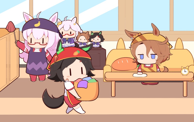 3girls alarm_clock animal_ears apron biwa_hayahide_(umamusume) black_hair blue_eyes blush_stickers brown_apron brown_hair character_doll chibi clock couch duster ears_through_headwear glasses gomashio_(goma_feet) gym_shirt gym_shorts gym_uniform hair_between_eyes hair_ornament hairclip head_scarf holding horse_ears horse_girl horse_tail indoors jacket jitome kneehighs multiple_girls narita_taishin_(umamusume) no_shoes pants parted_bangs pink_hair purple_apron red-framed_eyewear red_apron red_jacket red_pants red_shorts semi-rimless_eyewear shirt short_sleeves shorts socks swept_bangs table tail track_jacket track_pants track_suit umamusume under-rim_eyewear white_shirt white_socks winning_ticket_(umamusume) |_|