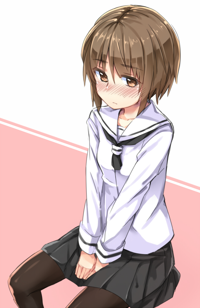 1girl between_legs black_neckerchief black_pantyhose black_shirt blush bob_cut breasts brown_eyes brown_hair closed_mouth collarbone commentary_request feet_out_of_frame hand_between_legs kuresuku_(lessons) light_frown long_sleeves looking_to_the_side miniskirt neckerchief nose_blush original pantyhose pink_background pleated_skirt sailor_collar school_uniform shirt short_hair sidelocks sideways_glance simple_background sitting skirt small_breasts solo thick_eyelashes two-tone_background v_arms white_background white_sailor_collar white_shirt