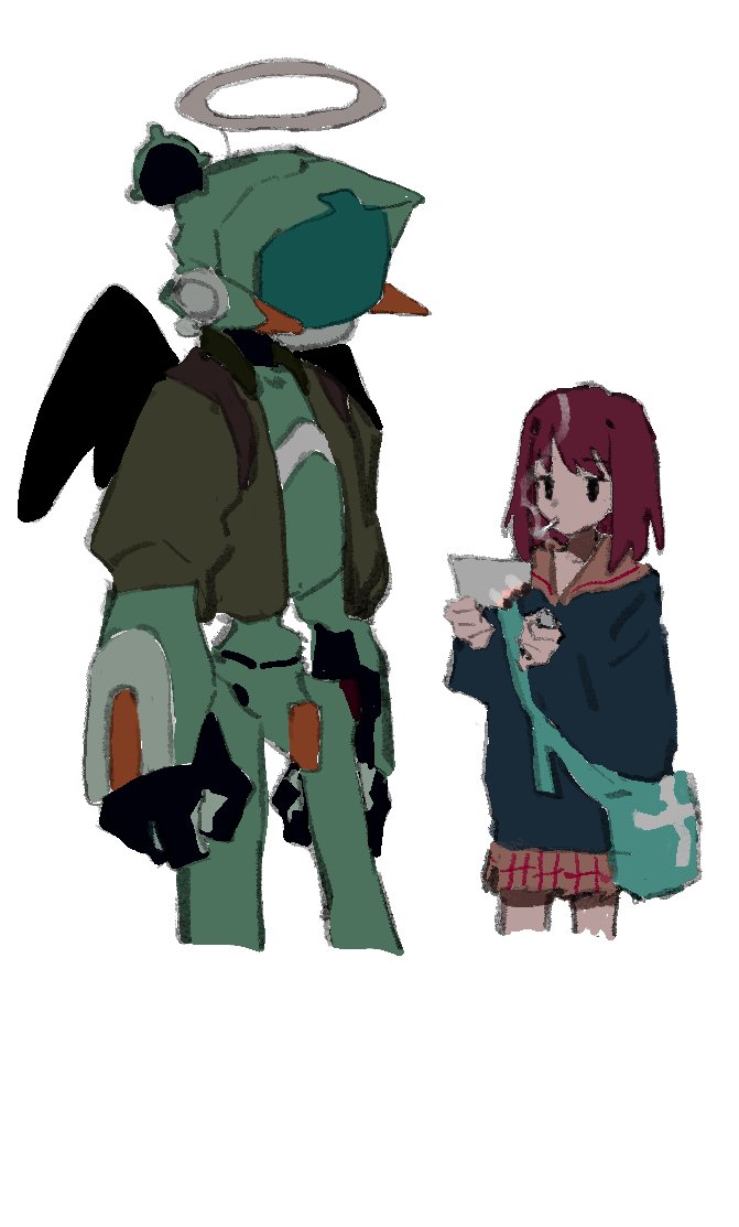 1girl bag black_eyes blue_bag blue_shirt brown_jacket brown_sailor_collar brown_skirt burning_paper canti cigarette clothed_robot cropped_legs fake_halo fake_wings flcl funao_oekaki halo holding holding_lighter jacket lighter looking_at_object medium_hair red_hair robot sailor_collar samejima_mamimi school_uniform serafuku shirt shoulder_bag simple_background skirt smoke_trail smoking standing white_background wings