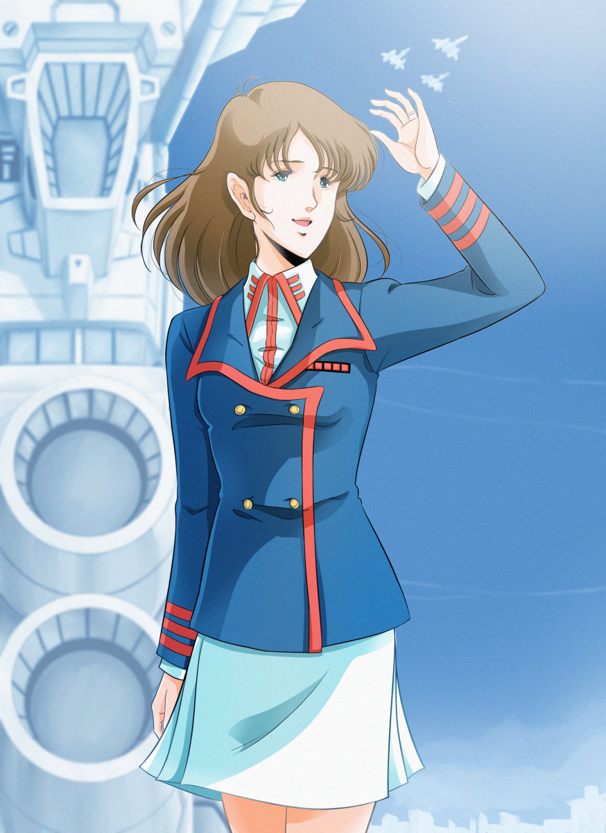 1girl 80s blue_eyes blue_sky brown_hair cityscape cloud commentary flying hayase_misa highres long_hair macross macross_flashback_2012 mecha military military_uniform officer official_style oldschool science_fiction sdf-2_megaroad-01 skirt sky space_craft u.n._spacy uniform variable_fighter vf-4 waeba_yuusee waving_arm