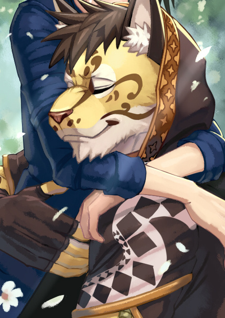 1boy 1other animal_ears animal_print closed_eyes commentary_request fingerless_gloves flower furry furry_male gloves hood hood_up hooded_jacket hug inubiko jacket leopard_boy leopard_ears leopard_print likulau_(nekojishi) male_focus nekojishi original smile