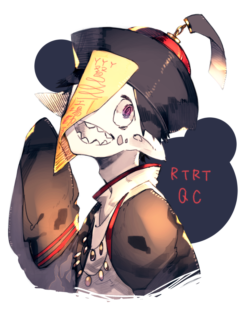 1boy black_hair black_hat black_jacket hat jacket looking_at_viewer mili_(band) ofuda ofuda_on_head open_mouth pink_eyes qc_(mili) qingdai_guanmao red_sousaku sharp_teeth simple_background sleeves_past_fingers sleeves_past_wrists smile solo teeth white_background