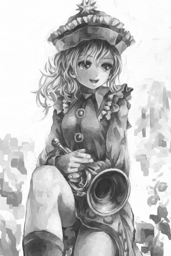 :d bad_id bad_pixiv_id boots dress feet_out_of_frame frilled_dress frills greyscale hat hat_ornament holding instrument knee_up leg_up long_sleeves looking_away merlin_prismriver monochrome nagayo open_mouth pose sitting smile solo touhou trumpet vest wavy_hair