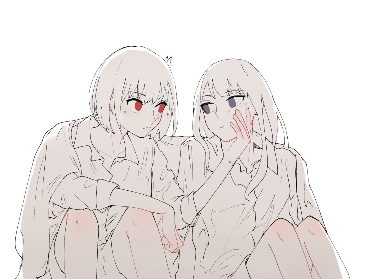 2girls blush closed_mouth collared_shirt commentary_request greyscale hand_on_another's_face inoue_takina long_hair looking_at_another lycoris_recoil monochrome multiple_girls nishikigi_chisato one_side_up purple_eyes red_eyes shared_blanket shiratama_draw shirt sitting spot_color