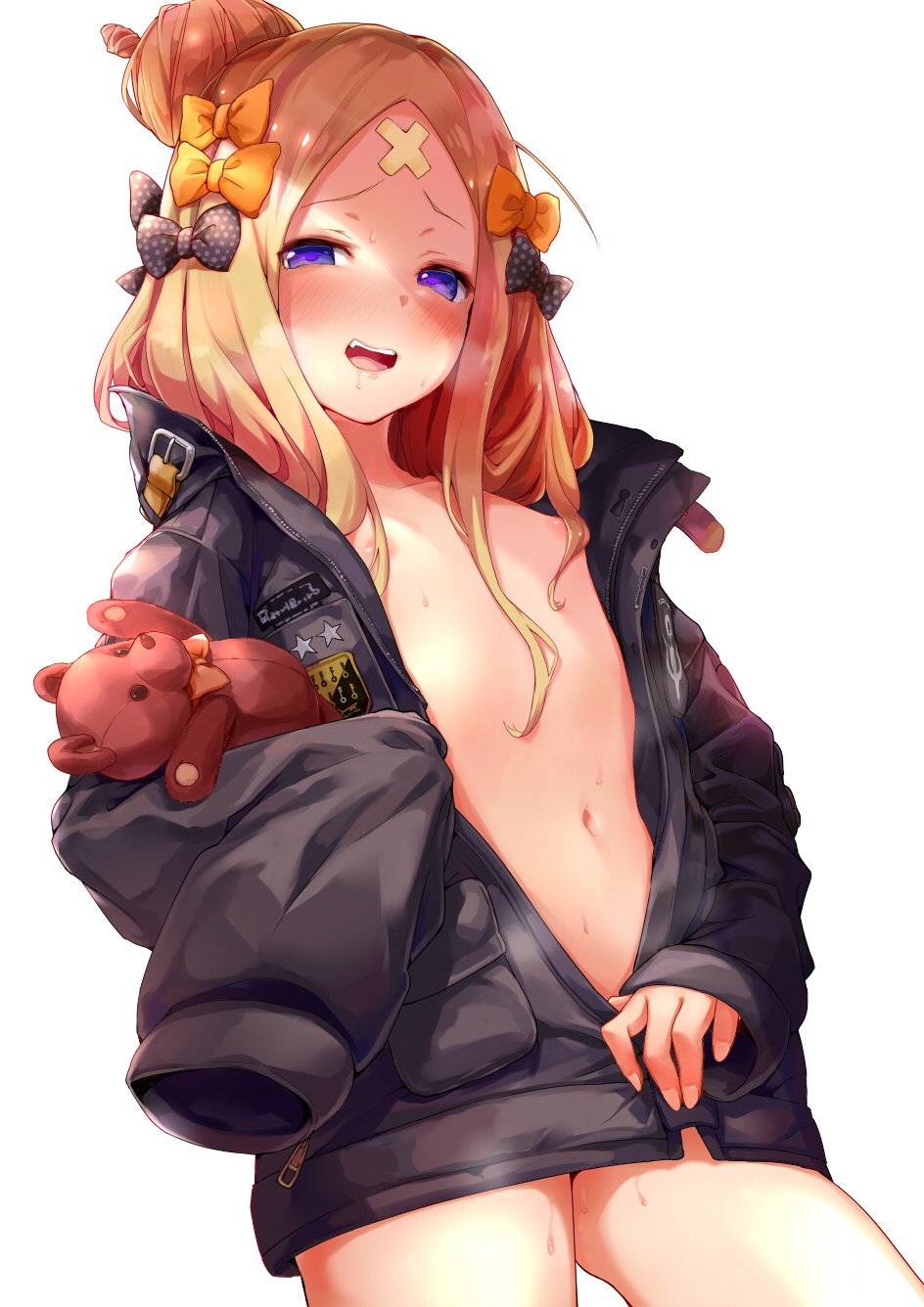 1girl abigail_williams_(fate/grand_order) alternate_hairstyle bandaid_on_forehead bangs belt bitou_(bitoumaturi) black_bow black_jacket blonde_hair blue_eyes blush bow breasts collarbone crossed_bandaids exhibitionism fate/grand_order fate_(series) forehead hair_bow hair_bun heroic_spirit_traveling_outfit high_collar highres holding holding_stuffed_animal jacket long_hair long_sleeves looking_at_viewer naked_coat navel nipples open_clothes open_jacket open_mouth orange_bow parted_bangs polka_dot polka_dot_bow simple_background sleeves_past_fingers sleeves_past_wrists small_breasts smile solo stuffed_animal stuffed_toy sweat teddy_bear white_background