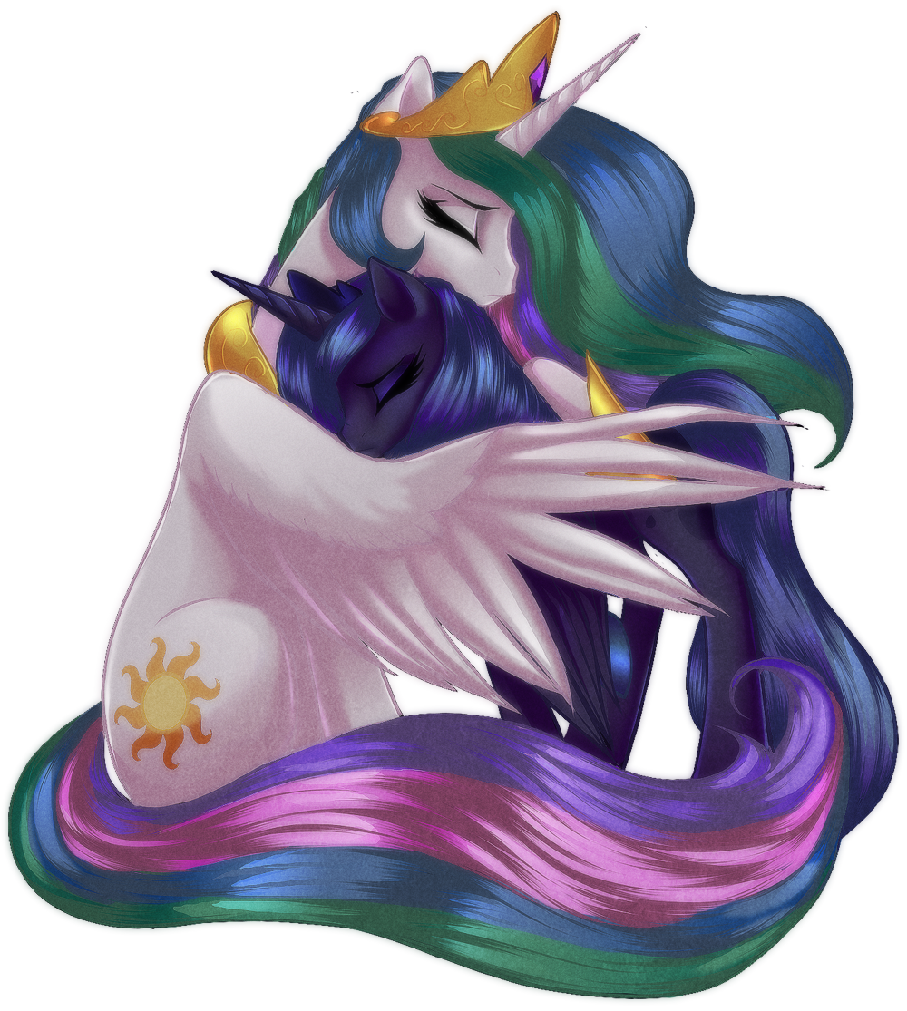 equine female feral friendship_is_magic horn horse hug mammal my_little_pony pony princess_celestia_(mlp) princess_luna_(mlp) rizcifra sibling sisters winged_unicorn wings
