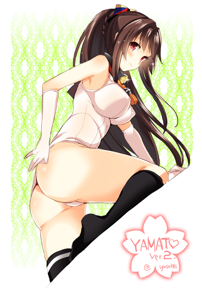 adjusting_clothes adjusting_swimsuit all_fours alternate_costume bad_id bad_pixiv_id blush breasts brown_eyes brown_hair elbow_gloves flower gloves hair_flower hair_ornament kantai_collection large_breasts long_hair looking_at_viewer one-piece_swimsuit ponytail saikawa_yusa smile solo swimsuit very_long_hair white_swimsuit yamato_(kantai_collection)