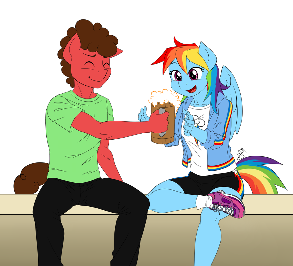 anthrofied cider cup equine female friendship_is_magic hair horse male mammal multi-colored_hair my_little_pony original_character pegasus pia-sama pony rainbow_dash_(mlp) rainbow_hair smile sneakers track_jacket wings