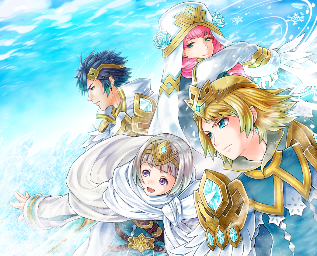 1boy 3girls blonde_hair blue_eyes blue_hair brother_and_sister cape closed_mouth crown earrings feather_trim fire_emblem fire_emblem_heroes fjorm_(fire_emblem_heroes) gradient_hair green_eyes gunnthra_(fire_emblem) hair_ornament hrid_(fire_emblem_heroes) jewelry long_hair long_sleeves multicolored_hair multiple_girls nintendo open_mouth pink_hair purple_eyes short_hair siblings silver_hair sisters snowflakes soyo2106 spiked_hair tiara veil white_hair ylgr_(fire_emblem_heroes)