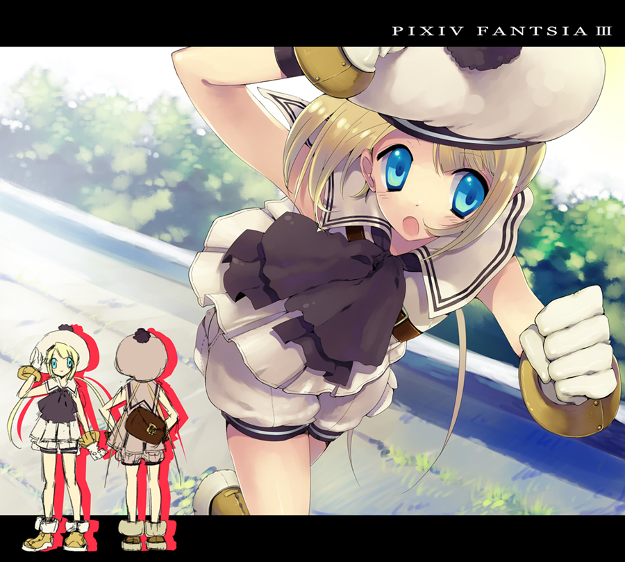 blonde_hair blue_eyes clenched_hand gloves hand_on_headwear hat long_hair open_mouth pixiv_fantasia pixiv_fantasia_3 rugo running solo twintails white_gloves