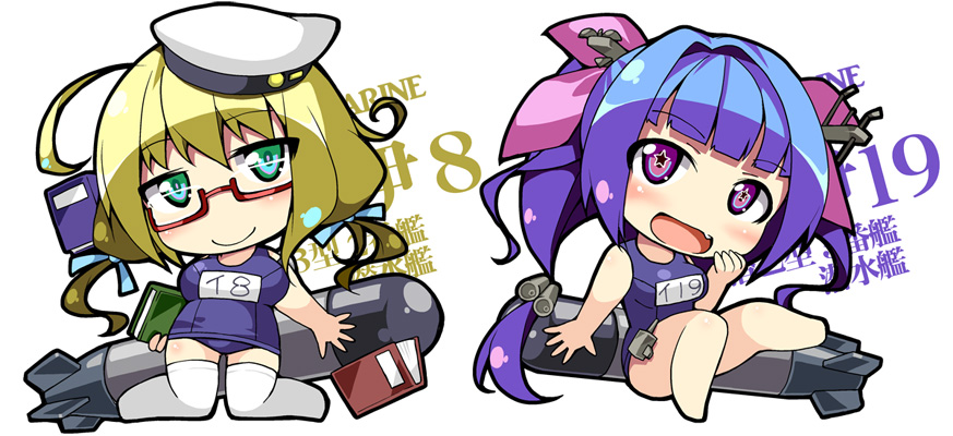 ahoge aqua_eyes beret blonde_hair blue_hair book chibi glasses hair_ornament hair_ribbon hat i-19_(kantai_collection) i-8_(kantai_collection) kantai_collection long_hair looking_at_viewer low_twintails multiple_girls nyagakiya open_mouth purple_eyes red-framed_eyewear ribbon school_swimsuit smile star star-shaped_pupils swimsuit symbol-shaped_pupils thighhighs torpedo twintails white_legwear