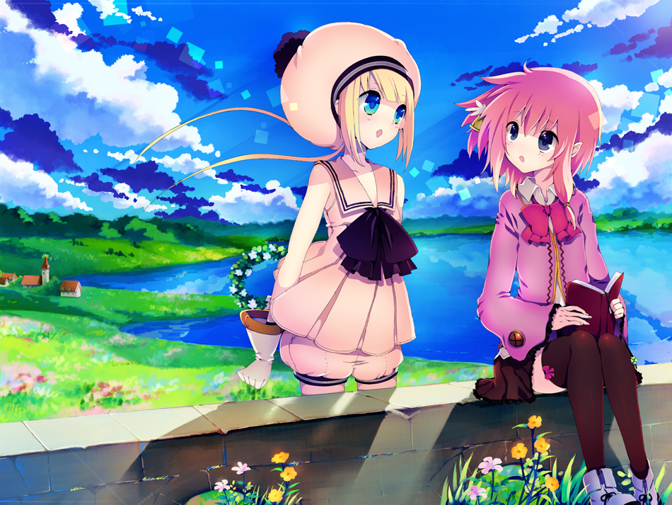 arm_behind_back bell black_eyes blonde_hair blue_eyes book bow brown_legwear cloud day gloves hair_ornament hat holding landscape long_hair looking_at_another multiple_girls outdoors pink_hair pixiv_fantasia pixiv_fantasia_3 pointy_ears rugo school_uniform short_hair sitting sky sleeveless standing thighhighs twintails water white_gloves zettai_ryouiki