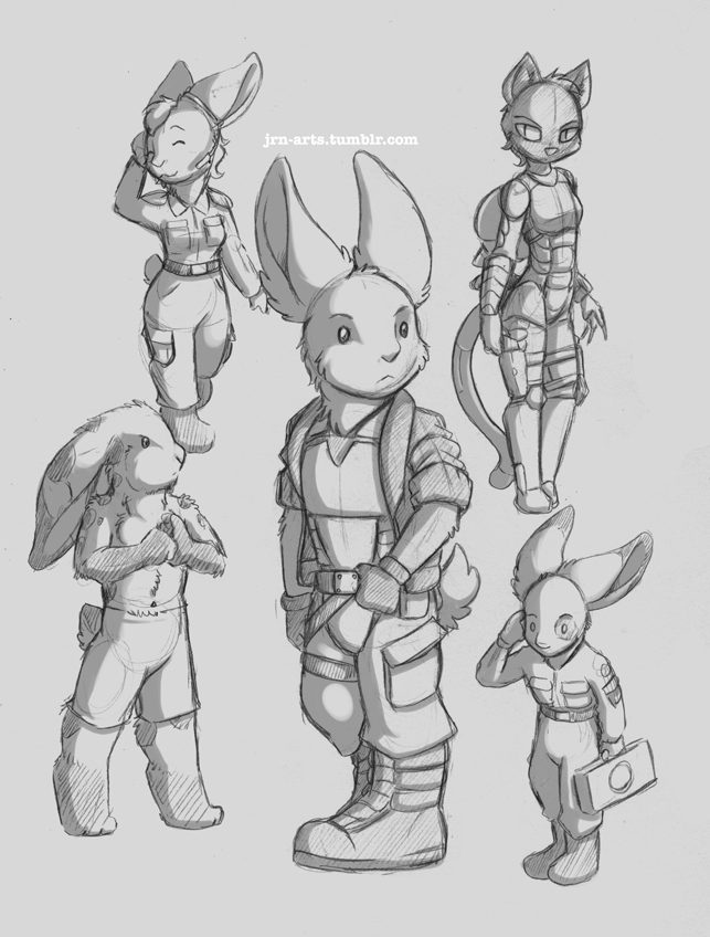 ambiguous_gender android belt black_and_white boots cat eyes_closed feline female gloves group hair headset jay_naylor lagomorph long_tail machine male mammal mechanical monochrome navel plain_background pose robot short_hair short_tail sketch smile spots topless uniform