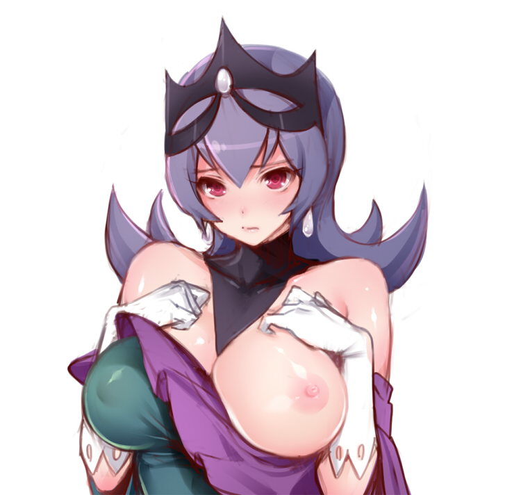 bad_id bad_pixiv_id blush breast_slip breasts covered_nipples crown detached_collar dress earrings gloves hizuki_akira jewelry large_breasts long_hair looking_at_viewer natsume_(pokemon) nipples one_breast_out pokemon pokemon_(game) pokemon_bw2 pokewood purple_eyes purple_hair shiny shiny_skin simple_background solo white_background