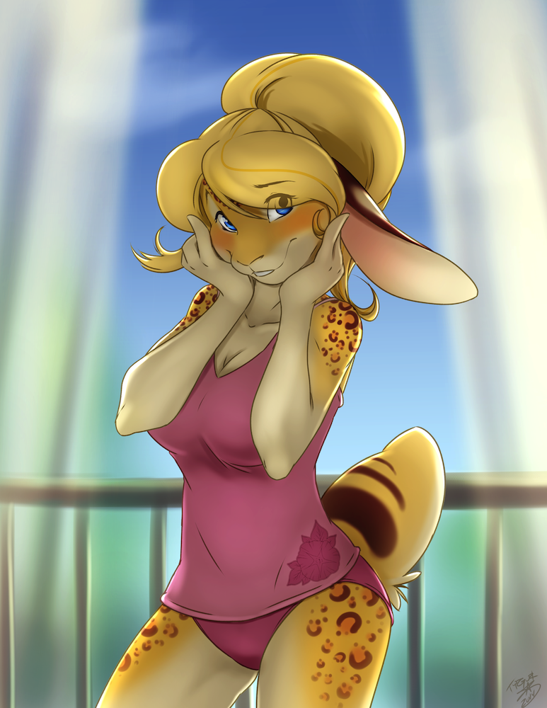 &lt;3 anthro blonde_hair blue_eyes blush clothed clothing curtains cute feline female hair hybrid lagomorph leopard mammal panties rabbit shirt skimpy solo tygurstar underwear