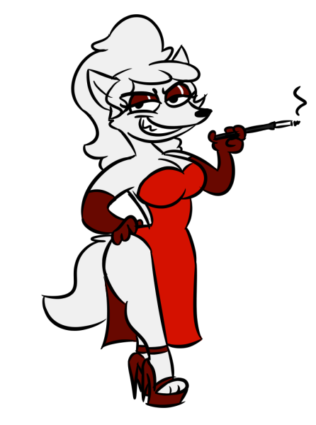 breasts canine cigarette clothing dress elbow_gloves female gloves hair high_heels kotep looking_at_viewer mammal rusheloc smile smoking solo wolf