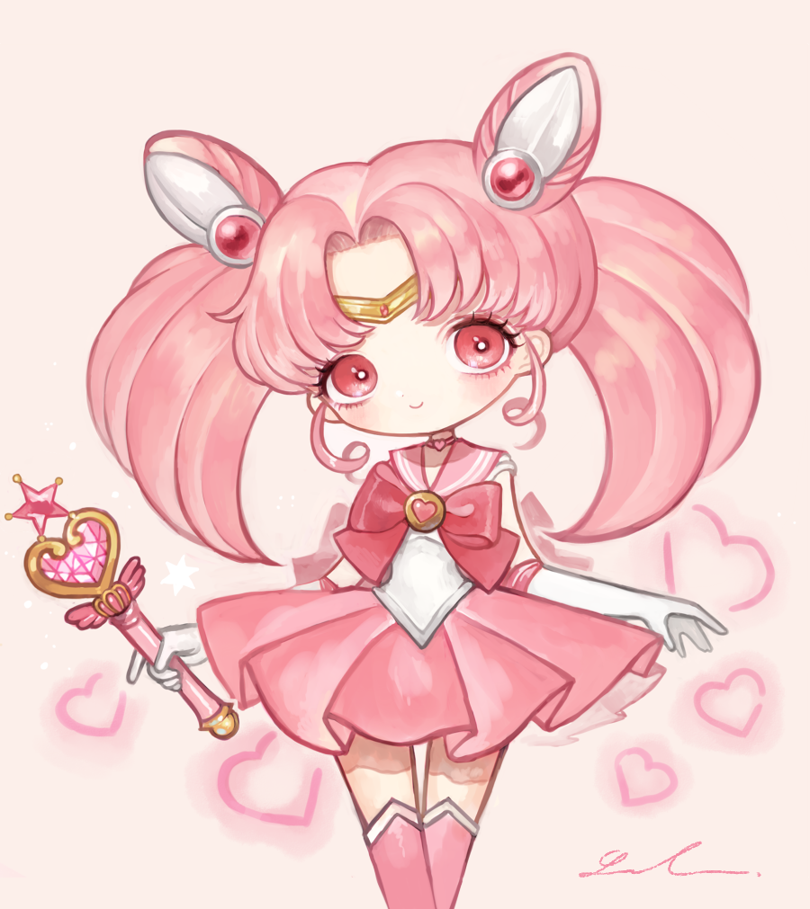 bishoujo_senshi_sailor_moon blush boots bow brooch chibi_usa choker double_bun elbow_gloves gloves hair_ornament hairpin heart heart_background holding holding_wand jewelry knee_boots lalala222 magical_girl pink_choker pink_footwear pink_hair pink_moon_stick pink_sailor_collar pink_skirt pleated_skirt red_eyes ribbon sailor_chibi_moon sailor_collar sailor_senshi_uniform short_hair skirt smile solo thigh_gap tiara twintails wand white_background white_gloves