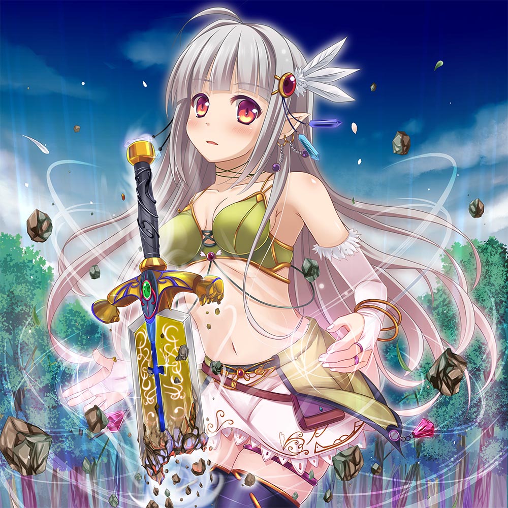 black_legwear blush bracelet breasts broken earrings elbow_gloves fingerless_gloves gloves hair_ornament jewelry kazumasa kidatsu!_dungeons_lord long_hair looking_at_viewer magic medium_breasts midriff open_mouth original pointy_ears red_eyes silver_hair skirt sky solo sword thighhighs tress weapon