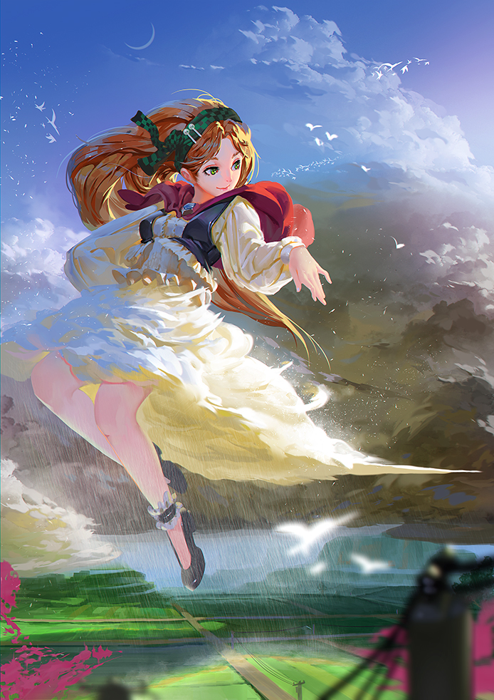 ankle_cuffs bird brown_hair capelet cloud cloudy_sky crescent_moon field flying green_eyes green_hairband hairband karasu-san_(syh3iua83) landscape long_hair moon original personification plantar_flexion power_lines rain road scenery skirt sky solo telephone_pole wind wrist_flexed