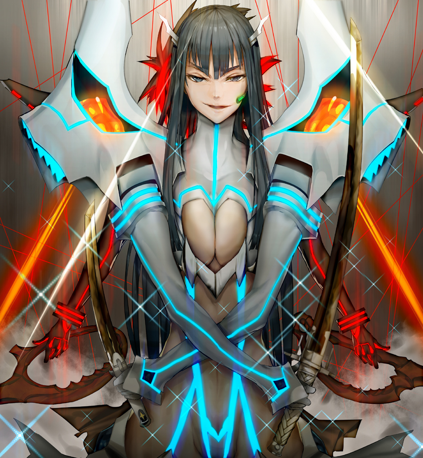 back-to-back bad_id bad_pixiv_id blue_eyes blue_hair boots breast_press breasts cleavage_cutout dual_wielding evil_smile holding junketsu katana kill_la_kill kiryuuin_satsuki large_breasts living_clothes long_hair looking_at_viewer matoi_ryuuko microskirt midriff multicolored_hair multiple_girls pleated_skirt red_string revealing_clothes school_uniform scissor_blade senketsu short_hair shrimp_platter skirt smile string suspenders sword tantou thigh_boots thighhighs two-tone_hair underboob weapon