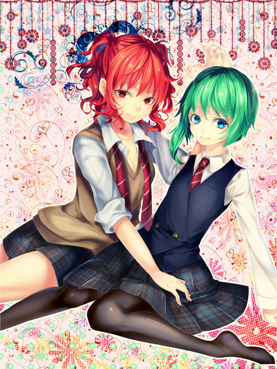 alternate_costume asymmetrical_hair bad_id bad_pixiv_id black_legwear blue_eyes contemporary cover cover_page doujin_cover flower green_hair long_sleeves multicolored multicolored_background multiple_girls necktie no_hat no_headwear no_shoes onozuka_komachi pantyhose plaid plaid_skirt red_eyes red_hair school_uniform shiki_eiki short_hair silentdin sitting skirt sleeves_rolled_up smile touhou two_side_up vest
