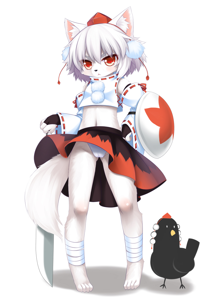 avian bandage barefoot bird black_nose bridal_gauntlets canine clothing crow detached_sleeves female fundoshi fur hair hat hindpaw langlong mammal midriff momiji_inubashiri navel paws plain_background red_eyes shield short_hair skirt sword tengu toes tokin_hat touhou underwear upskirt weapon white_background white_fur white_hair wolf