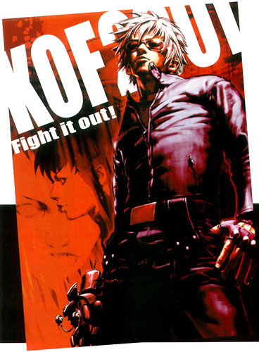 copyright_name fingerless_gloves gloves hiroaki_(kof) jacket k' leather leather_jacket lowres male_focus official_art poster solo spiked_hair sunglasses text_focus the_king_of_fighters the_king_of_fighters_2001 white_hair