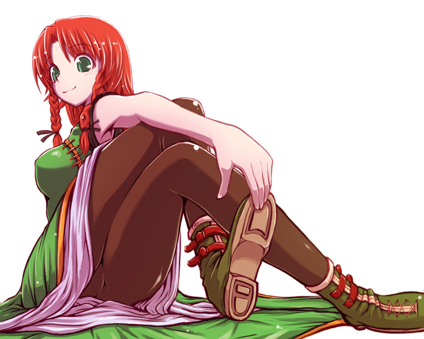 braid china_dress chinese_clothes crossed_legs dress green_eyes hong_meiling pantyhose red_hair sitting smile solo stretch touhou verynezumi