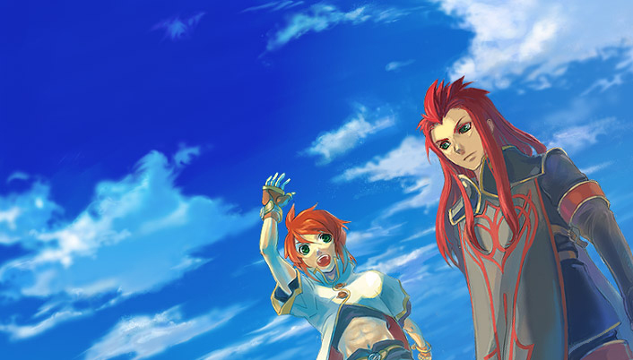 asch blue_background cloud day gloves green_eyes long_hair luke_fon_fabre male_focus multiple_boys red_hair sky smile surcoat tales_of_(series) tales_of_the_abyss wataame