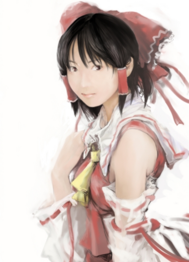 bad_id bad_pixiv_id black_hair detached_sleeves gaku_(wheel_of_lunokhod) hakurei_reimu lips photorealistic realistic ribbon short_hair simple_background solo touhou