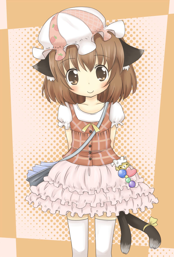 aiba_kou alternate_costume animal_ears arms_behind_back bag brown_eyes brown_hair casual cat_ears cat_tail chen child contemporary handbag hat multiple_tails short_hair solo tail thighhighs touhou