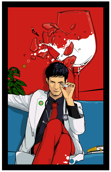 1boy alternate_costume blue_upholstery contemporary couch cup doctor exb glass labcoat male male_focus medical necktie one_piece red_necktie red_pants scalpel sitting stethoscope trafalgar_law wine_glass