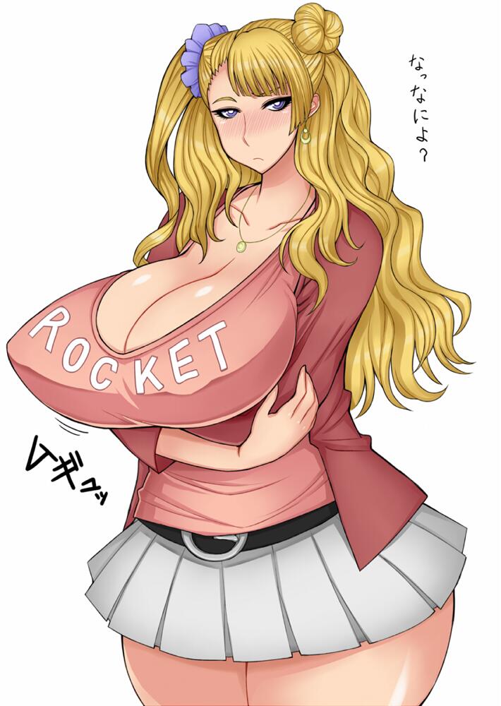 asymmetrical_hair blue_eyes blush breast_hold breasts cardigan casual cleavage earrings galko huge_breasts jewelry long_hair necklace one_side_up open_cardigan open_clothes oshiete!_galko-chan otogi_tetsurou pleated_skirt sagging_breasts scrunchie side_bun skirt solo translation_request wide_hips