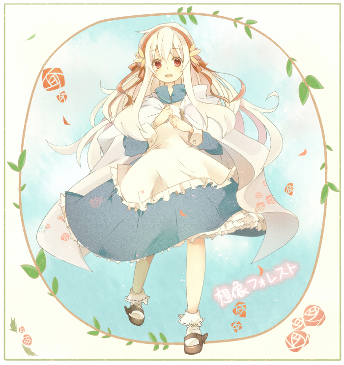 :d bad_id bad_pixiv_id clenched_hand coat hairband jewelry kagerou_project key kozakura_marry long_hair looking_at_viewer mary_janes open_mouth pendant red_eyes shoes smile solo souzou_forest_(vocaloid) sxupxdxxy translated very_long_hair white_hair