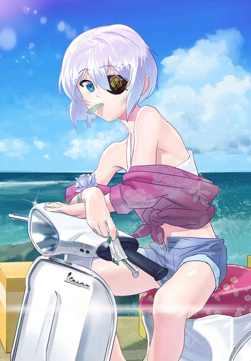 bad_id bad_pixiv_id bare_shoulders blue_eyes cloud day eyepatch grey_hair ground_vehicle highres iri_flina motor_vehicle mouth_hold ocean scooter short_hair shorts sitting sky solo sword_girls vespa water